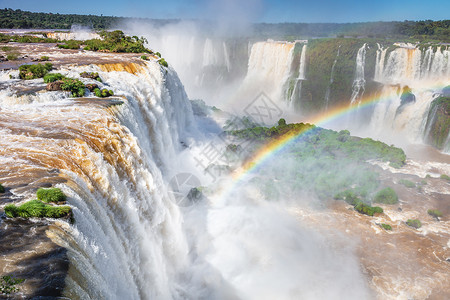 南美雨林Iguacu从南美巴西南部坠落在阿根廷一侧的Iguacu荒野丛林生态旅游天空瀑布旅行彩虹地方全景热带背景