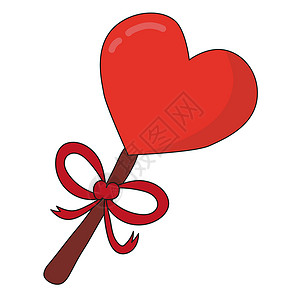 心形糖红棒棒糖以带丝带的心脏形状 情人节甜点 甜点图标贴纸矢量插画
