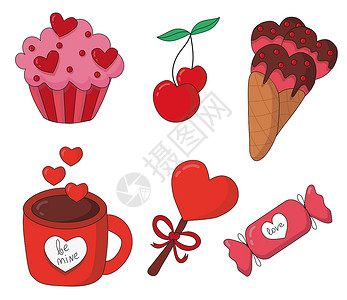 咖啡洒了收集情人节甜点 粉红色的蛋糕与心 以心的形式樱桃 在圆锥形冰淇淋与巧克力和洒 有词的红色杯子是我的 带丝带和糖果的棒棒糖插画