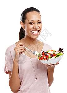 肖像中的女人 吃沙拉和健康的饮食和营养 排毒和健康与白色背景隔离的食物 蔬菜 有机和健康动机 减肥和身体护理背景图片