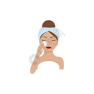 一个头戴毛巾的年轻女孩用棉海绵擦脸 化妆品 美容 美容院的标志 矢量平面卡通插画 美丽与健康的理念背景图片