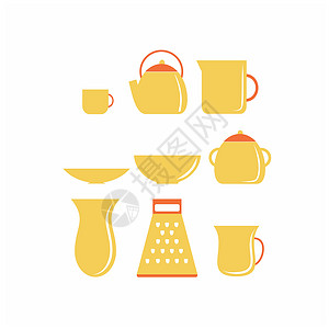 家居用品图标一套黄色厨房用具和家居用品 一个玻璃杯 一个水壶 一碗茶 矢量平面插画 以烹饪为主题的剪贴画 咖啡馆 餐馆 酒吧和厨房的图标背景