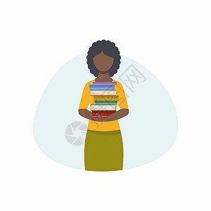 一位非洲裔美国黑人妇女手里拿着书 有书的女孩 在白色背景上孤立的矢量平面卡通插图 应用程序 图书馆或书店的设计元素插画