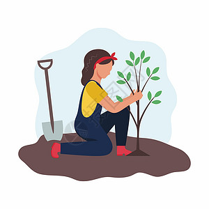女人在花园里种一棵树 花园和菜园 种植春苗 用平式的矢量插图插画