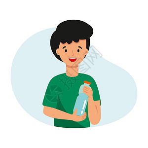 这男孩拿着一瓶淡水  i水电女孩口渴插图维生素喝水婴儿玻璃孩子们运动背景图片