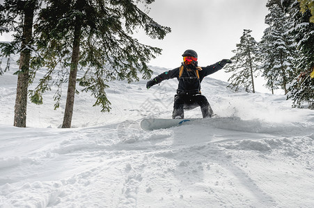 戴着头盔的滑雪板上的女人迅速从森林中间的滑雪坡上下来 在她身后形成一缕雪花 滑雪板上的女孩在森林里急刹车背景