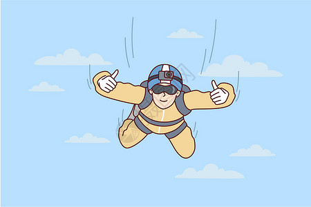 飞机跳伞玩耍人从飞机上跳下来后 在天空中挂起天花板 举起两只手拇指设计图片