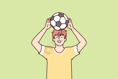 少年男孩在梦想成为职业橄榄球运动员的头部上举起球来 矢量图像背景图片
