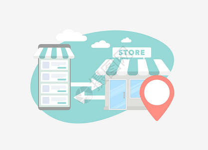 商场营销吊旗在线到离线-O2O 电子商务概念 从线下商店提货 试穿和检查在线订单 移动购物和商场商店建设零售营销策略设计图片