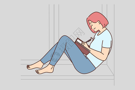 杂志女人快乐的女人坐在窗台上做笔记插画