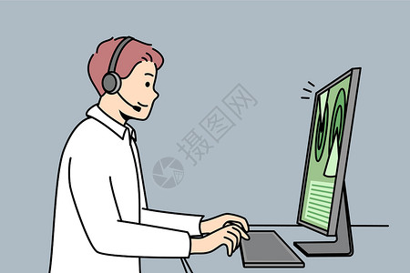 两位设计师互相合作交流耳机上的网络设计师在电脑上工作插画