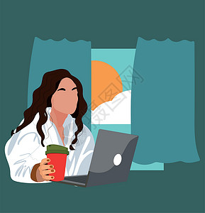 浴袍女穿着浴袍的现代妇女在家里用笔记本电脑工作插画