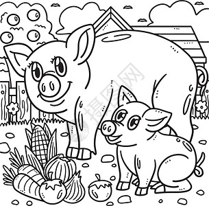 仔猪母猪和小猪妈妈儿童彩色页面插画