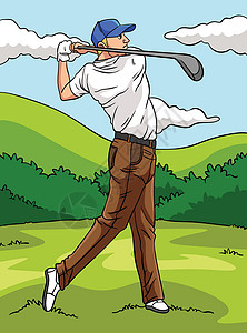 高尔夫体育彩色卡通插图背景图片