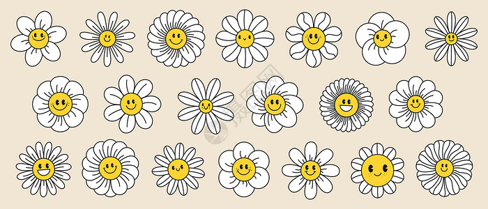 Groovy 雏菊花脸系列 卡通风格的复古洋甘菊微笑 70 年代的快乐贴纸集 矢量图形说明艺术标识符号墙纸打印植物孩子们表情花瓣背景图片