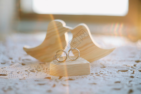 两只木制手工玩具鸟 有两个金色结婚戒指和一颗心 婚礼 爱情 求婚 婚姻 家庭观念庆典宏观太阳邀请函周年装饰风格阳光钻石珠宝背景图片