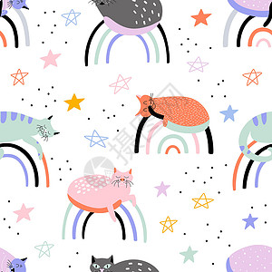 滑稽的手吸引猫睡在彩虹上 用抽象的装饰背景图片