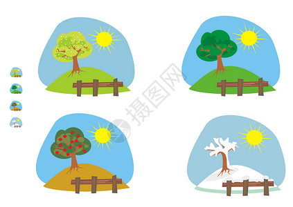 树木图标四个季节时间栅栏农场太阳爬坡背景