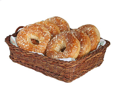 新鲜的烤面包饼篮子食物编织面包棕色柳条圆形早餐杂粮高清图片