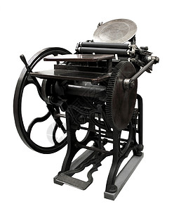 古董压捆机1888年古董印刷工程黑色机器螺栓机械工具历史性灰色白色印刷厂背景