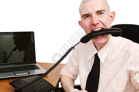 电话和人机乐趣办公室牙齿男人管子白色背景图片