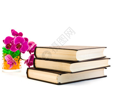 三本书和粉红色兰花背景图片