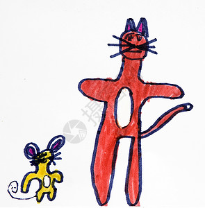 儿童照片 猫和老鼠 白背景蜡笔学习插图教育纹饰艺术孩子童年绘画夹子背景图片