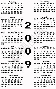 2009年新年快乐日历规划师打印新年季节性年度问候语背景图片