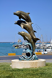 海豚雕塑海豚雕像血管港口码头海洋背景