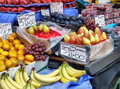 超级市场饮食绿色奶奶浆果美食红色香蕉橙子黄色食物背景图片