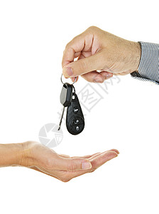 给车钥匙女士入口男性汽车纽扣钥匙圈钥匙链奉献手指白色背景图片