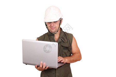配备膝上型电脑的石油工人背景图片