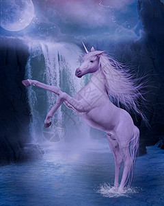 独角兽童话动物瀑布月亮艺术传奇历史星星梦幻月光高清图片