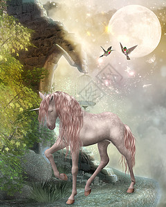 最后的独角兽童话月亮月光喇叭寓言星星梦幻历史艺术动物背景