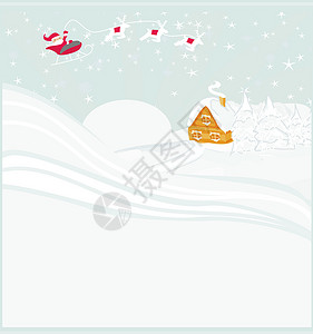 圣诞节海报驯鹿圣诞老人和冬季风景新年贺卡天空卡片邀请函魔法海报雪橇乐趣雪花驯鹿降雪背景