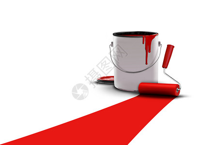 白色桶涂有油漆罐和滚筒的红漆背景
