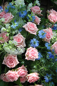 黑种大马士革蓝花和粉红花安排白色植物绿色阵雨花瓣植物学花朵蓝色花束玫瑰背景