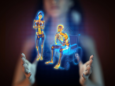 男性在全息图上轮椅上骨头生物学卫生射线手术女士创伤x光骨骼照相背景图片