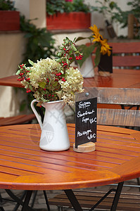 手绘水壶花放在桌上的投篮里背景