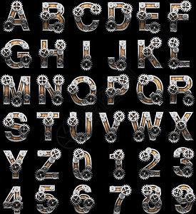 机械字母科技风带齿轮的木形字母表力学机械字体木材奢华划痕抛光宏观金属技术背景