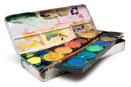 各种颜色画笔油漆设备艺术爱好绘画托盘用具娱乐工艺刷子乐趣颜料盒背景