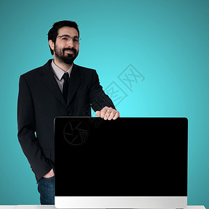 商业人和Pc监测器推介会男人屏幕互联网工作商务背景技术监视器蓝色背景图片