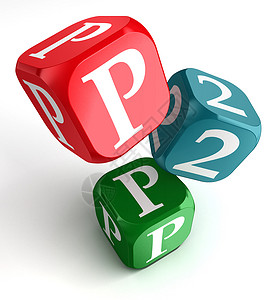p2p素材网红色蓝色和绿色骰子立方体上的p2p字背景