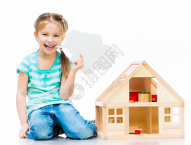 模型图标有玩具房子的女孩住宅建造商业娃娃小屋顾客贷款投资动画片气泡背景