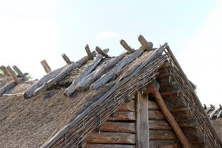在1000年前的定居中用拖屋顶考古学防御木头历史遗迹科学稻草建筑夫人村民背景图片
