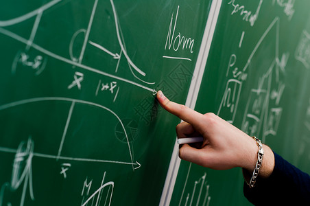 一个学生的手指着绿色粉笔板学习推介会训练写作数学大厅讲师智力大学男人学校高清图片素材