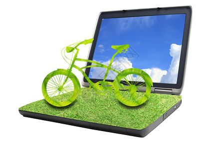 便携笔记本电脑上的脚踏自行车背景图片
