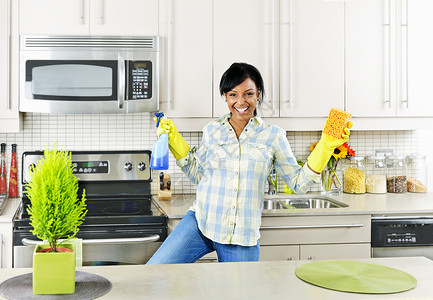 青年妇女清洁厨房家务快乐海绵手套女性主妇房子家庭微笑享受瓶子高清图片素材