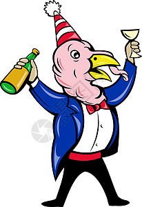 酒精卡通卡通火鸡西装 绑着瓶玻璃酒烤面包酒精套装领带派对庆典插图瓶子背景