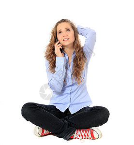 电话通话女士女性青少年挫折白色青年坐姿女孩高清图片